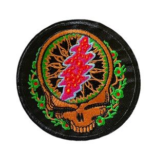 Black Grateful Dead Skull Pink Lightening Strike Embroidered Patch Iron-On NEW
